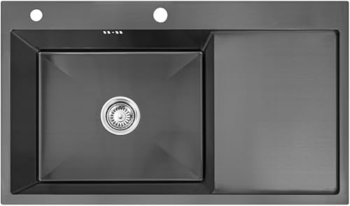 86 x 50 x 21, lavello da cucina, acciaio inox 304, spessore del materiale: 0,8 mm, lavello, lavello, lavello da incasso, rettangolare, 1 vasca, troppopieno, scolapiatti, nero - Honorern