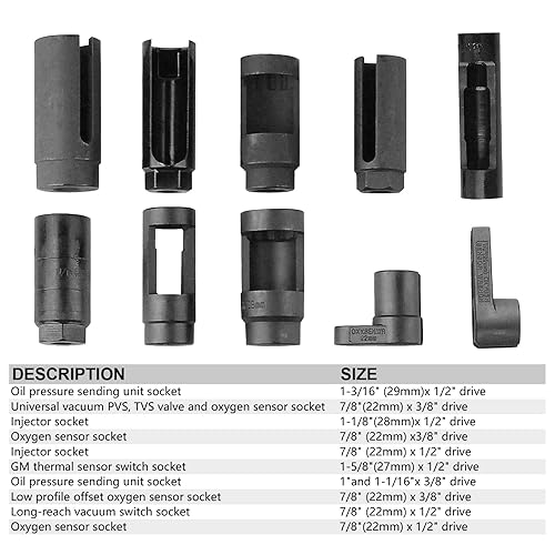 FreeTec 10 Pezzi Set di Chiave Sonda Lambda, 22mm 27mm 29mm Bussole Sonda Lambda Sensori di Ossigeno O2, 1/2' 3/8' Set Utensili Chiave per Smontare Sonda Lambda delle Auto - Honorern