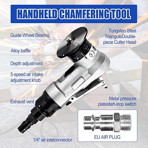 Mini smussatrice pneumatica Aloy, in alluminio, portatile, ad arco a 45 gradi, con lame di ricambio per smussatura e sbavatura di metalli (6 inserti R + 6 inserti C + 6 cuscinetti) - Honorern