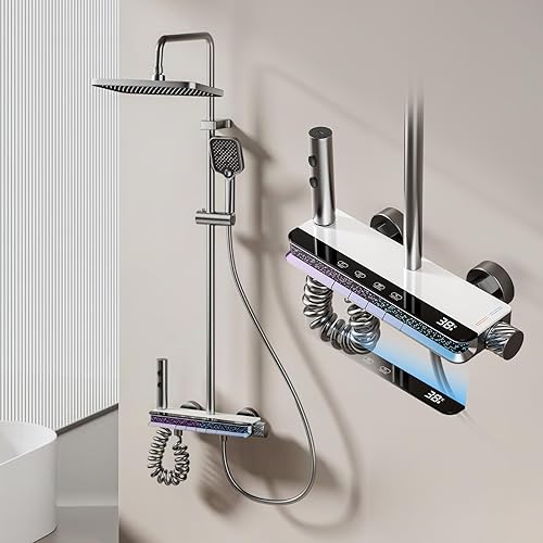 Colonna Doccia con Miscelatore Display Digitale LED Luce Stellata Ambientale Kit Doccia Idromassaggio con Soffione 30×21 cm e Doccetta Tasti di Pianoforte 4 Funzioni Altezza Regolabile Ottone - Honorern