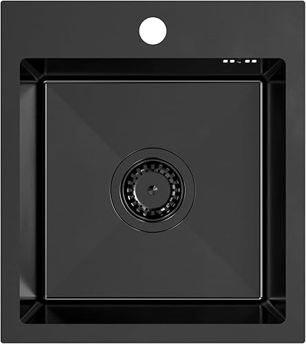Lavello da Incasso in Acciaio Inox Con Rubinetto, 40 x 45 cm, Nero, Con Foro per Rubinetto - Honorern