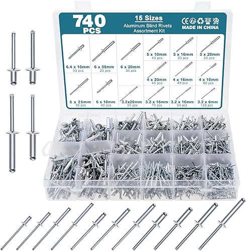 740 rivetti ciechi, 6,4 mm/6 mm/5 mm/4 mm/3,2 mm, rivetti ciechi in alluminio a testa a cupola, rivetti a punta aperta, rivetti per estrazione nucleo - Honorern