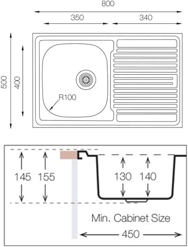 Lavello appoggio acciaio inox 80x50 cm una vasca e gocciolatoio sinistro SA216 - Honorern