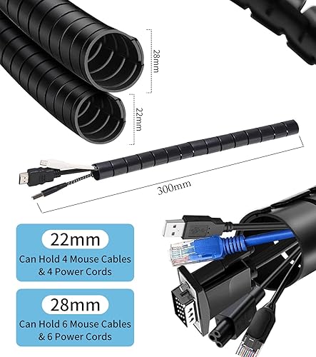 Raccogli Cavi,Spirale Avvolgi Cavo Flessibile,22mm/28mm Nascondi Cavi Scrivania con Fermaglio Guidafilo,per TV/Computer/Audio Guaina Copricavi Manicotti Protezione,Può Essere Tagliato Fai da te(2X3m) - Honorern