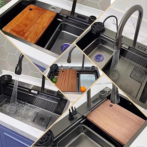 80x45cm Lavello da cucina a cascata in acciaio inox con display digitale rubinetto a ciotola singola lavello multifunzione con 2 vaschette di scarico, tagliere,Rondella per tazze, set di scarichi - Honorern