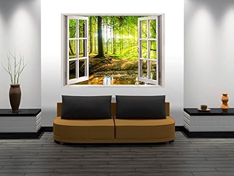 ILLUSIONE OTTICA 3D Carta da parati sulla fliselina Carta da parati in TNT Quadri murali Fotomurale Finestra Mare Spiaggia Palma 70x50 cm - Honorern