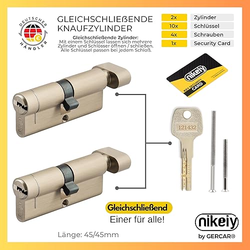 GERCAR Pro+ - Set di 2 cilindri con pomello con chiave unica, 45/45, serratura a cilindro per porta con protezione antiperforazione e 10 chiavi con scheda magnetica, 90 mm, A:45 B:45 - Honorern