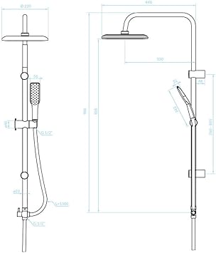 Adgo Alanis - Colonna doccia senza batteria, set doccia, soffione doccia rotondo con tubo, a parete, con doccetta, colore bianco e oro - Honorern