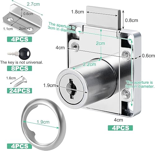 4 Pezzi Serratura a Camma 22 mm, Serratura Armadietto di Sicurezza, Serratura Cassetto Camma, Serratura a Camma con Chiavi, Serrature a Camma di Sicurezza, Serratura per Cassetto (Nero) - Honorern