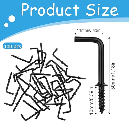 100 Ganci a Vite, 30 mm, Gancio a L, da Parete, Piccolo Gancio da Avvitare per Immagini e Mobili (Nero) - Honorern