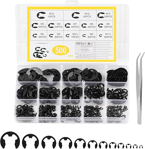 Set di 500 anelli di tenuta esterni, anelli di fissaggio esterni, anelli di sicurezza per apertura a scatto, clip di fissaggio interne esterne in acciaio al carbonio nero, M1.2-M15 - Honorern