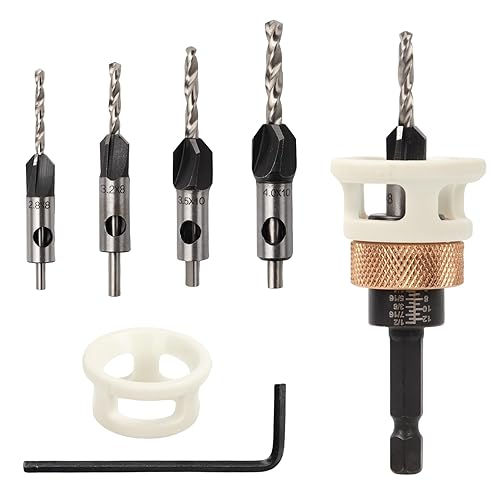 Set di 6 Punta da Trapano con Svasatore, Svasatore per Legno Regolabile, Punte Trapano Legno con Arresto di Profondità, con Codolo Esagonale da 1/4”, HSS-M2, per Lavorazione del Legno - Honorern