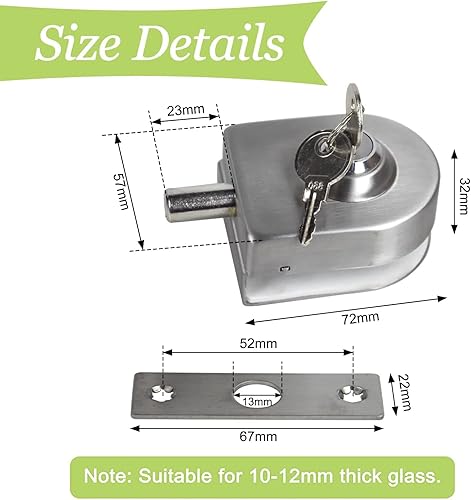 Serratura per porta in vetro, in vetro argento, senza cornice, con chiavi, non c'è bisogno di forare sul vetro, adatto per vetro spesso 10-12 mm - Honorern