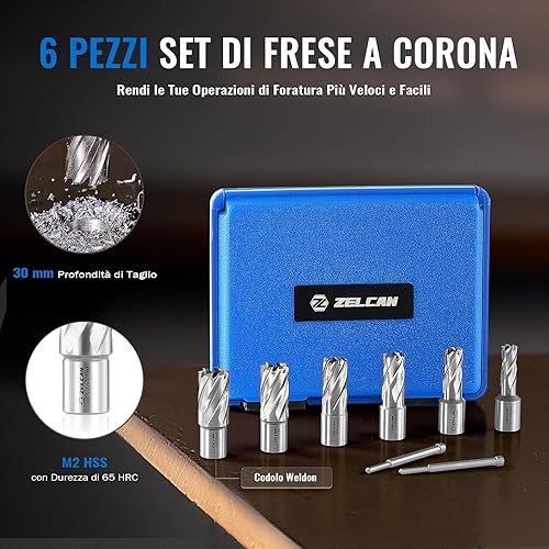 ZELCAN 6 Punte per Trapano Magnetico, Set Frese a Corona HSS con Scanalature Elicoidali a Spirale, Profondità di Taglio 30 mm Diametro 12-22 mm, con 2 Spine Guida e Custodia per Acciaio Alluminio Rame - Honorern