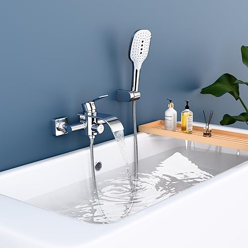 Rubinetto per vasca da bagno con doccetta a mano, rubinetto a cascata, miscelatore in ottone con 3 funzioni, rubinetto con una sola mano, vasca da bagno con interruttore a pressione - Honorern