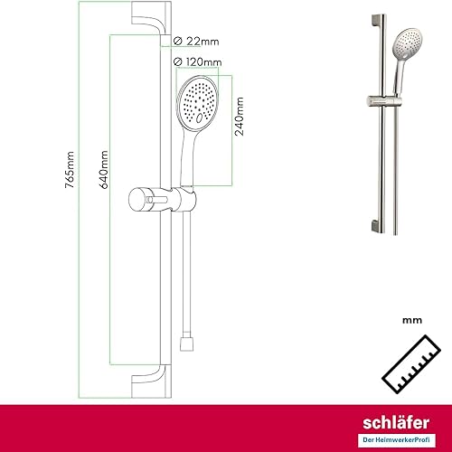 1317410 | Saliscendi Doccia Euphoria1 con Soffione, Interasse Fisso 75cm Asta Doccia 76,5cm, Doccetta a 3 funzioni con Sistema Anticalcare, Flessibile Doccia in Pvc, Colore Acciaio - Honorern