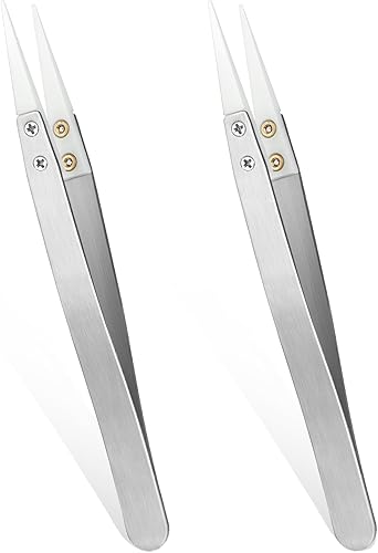 Pinzette in ceramica, 2 pinzette di precisione in acciaio inox e ceramica per elettronica, non conduttive, antistatiche, resistenti alle alte temperature, pinzette a punta fine per un funzionamento - Honorern