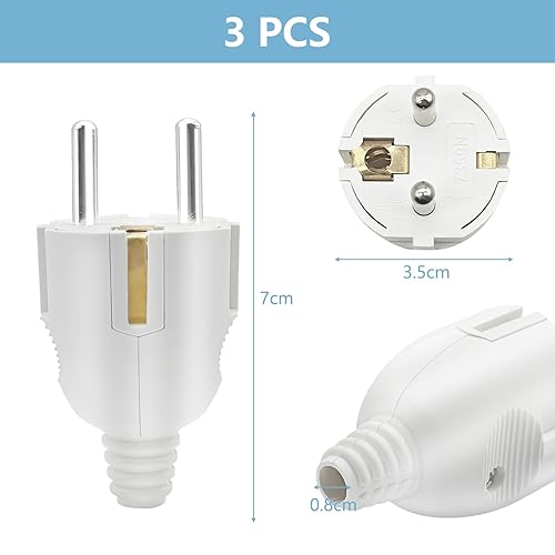 Spina Maschio 3 pezzi Spina Schuko da Esterno con Protezione Antipiega,250 V 10/16A,Spina con Contatto di Messa a Terra, Spina di Terraspina di Terra, Spina Cablata Laterale Bianco - Honorern