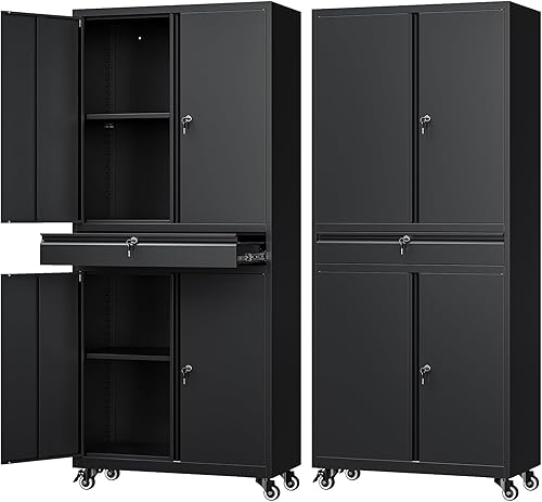 Armadio per attrezzi in metallo, 180 x 40 x 80 cm, richiudibile, multifunzione, in acciaio, con divisori regolabili, armadietto degli attrezzi con cassetti (su ruote) - Honorern