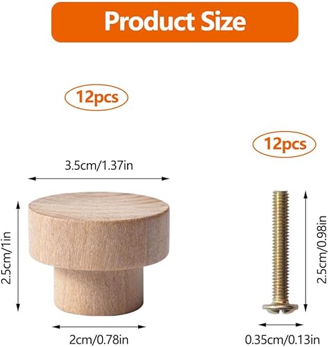 12 Pezzi Pomelli per Mobili Legno con Viti Rotondi Pomelli Legno Naturale 35 x 25 mm Liscio Lucido Sicurezza per i Bambini per Mobili Legno, Guardaroba, Armadi, Comodino e Cassetti - Honorern