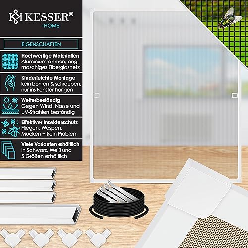 KESSER® Zanzariera per finestre con telaio in alluminio Zanzariera, Protezione dagli insetti, Zanzariera, Rete contro le zanzare, telaio di fissaggio, senza foratura e viti, 130 x 150 cm, Bianco - Honorern