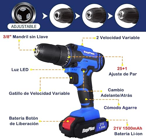 Trapano avvitatore elettrico con 1 batteria 21 V e 1,5 Ah, 42 Nm max trapano batteria, 2 velocità, 25+1 regolazione coppia, mandrino da 10 mm, luce LED, per casa e fai da te - Honorern