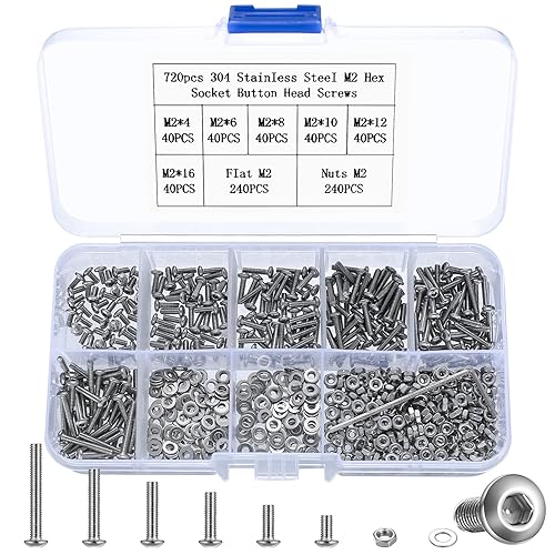 720 Pz Kit di Bulloni e Dadi, M2 Set di Viti a Testa Cilindrica con Esagono Incassato e Dadi e Rondelle, Vite a Testa Esagonale Incassato in Acciaio Inox, Bulloni Viti a Testa Bottone Brugola, argento - Honorern