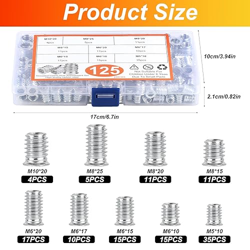 125 Pz Inserti Filettati Dado, M5 M6 M8 M10 Rivetti Filettati, Boccole Filettate per Legno, Bussole Filettate, Dadi Inserto di Fissaggio Viti a Esagono Incassato Inserti Filettati per Mobili Legno - Honorern