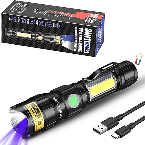 DARKBEAM Torcia UV 365nm USB Ricaricabile, con luce rossa, Base Magnetica Compresa, Alta luminosità COB LED Regolabile Portatile per Urina Gatto, Anti-Contraffazione/Fluorescente/Resina - Honorern
