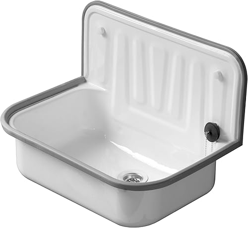 Lavandino in acciaio smaltato bianco, 505 x 370 mm, con bordo in plastica, profilo ondulato sul retro e valvola - Honorern