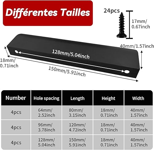 12 Pezzi Maniglie per Mobili, Maniglie Armadio Nascoste con Viti,Maniglie Moderne Nere in Alluminio per Armadio Cucina Armadio Cassetto,Distanza tra i fori:64/96/128mm,Lunghezza:80/120/150mm - Honorern
