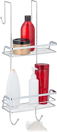 Relaxdays Mensola Portaoggetti da Doccia, Ferro Cromato, HLP 60x25,5x22,5 cm, Appendere, 4 Ganci e 2 Ripiani, Argentato - Honorern