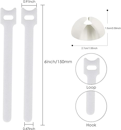 50Pcs Fascette Cavi, Fascette Cavi Riutilizzabili, Fascette Velcr, Fascette Stringicavo, Fascette Riutilizzabili, Fascette Adesivo, per Organizzazione dei Cavi a Casa e in Ufficio, Bianco - Honorern