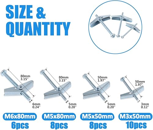 BESTYCHAO, 32 Uds., 4 tamaños, perno di bloccaggio a molla con vite, Kit assortito M3 M5 M6 per fissaggi a parete cavi di piastra di gesso - Honorern