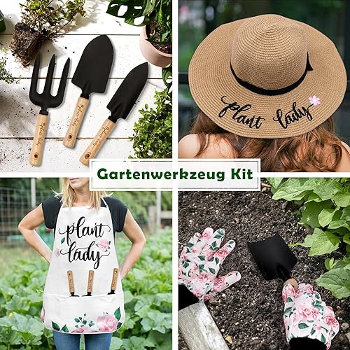 Set di attrezzi da giardino per piante da donna, con attrezzi per piante, cappello di paglia, grembiule per fiori, guanto da donna, cesto regalo per mamma, zia, nonna, primavera, giardino, prato, - Honorern