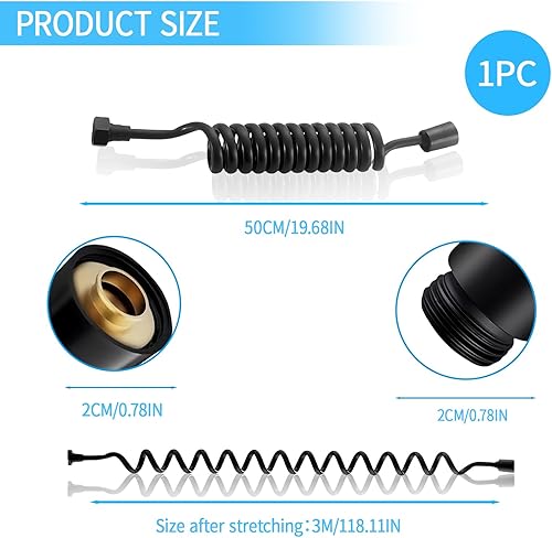 Tubo flessibile per doccia in schiuma con molla, telescopico, a spirale flessibile per doccia, 3 m, nero, ideale per doccia, WC e bidet - Honorern