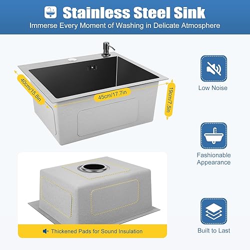 Lavello da incasso, in acciaio inox, 40 x 45 cm, colore nero, con scarico + dispenser di sapone nero, per esterni e balconi. - Honorern