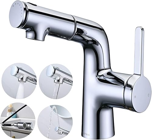 Rubinetto Bagno con Doccetta Estraibile a 2 Modalità, Rubinetto per Lavabo con Getto Superiore per Lavarsi i denti e il viso, Cromato Miscelatore Monocomando, Aeratore Rimovibile, Argento - Honorern