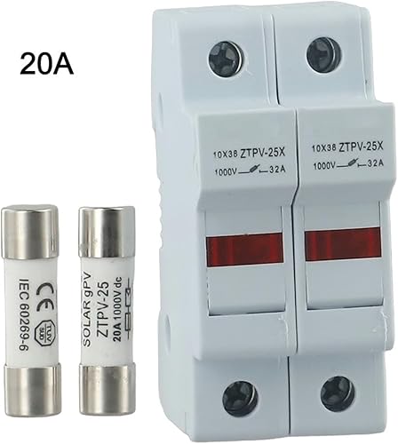 Portafusibile solare/fotovoltaico, portafusibili 2P solare con fusibile LED 1000V DC 10X38 Mm per pannelli solari, fotovoltaico solare (20A) - Honorern