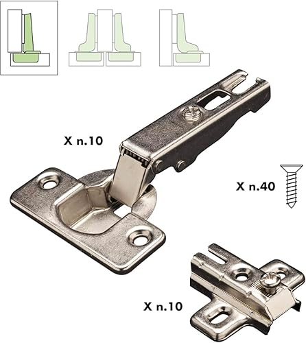 Kit 10 Cerniere Made in Italy per mobili con ante in legno, acciaio nichelato - Honorern