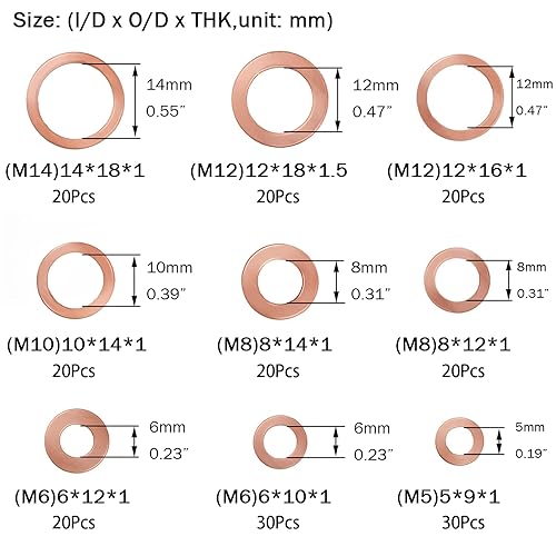 Set di 200 Rondelle Rame, O Ring Guarnizioni, Rondelle Piatte, Rondelle Alzaporta, 9 Specifiche Applicabili a Strumenti Elettronici, Parti Hardware, Macchinari di Precisione - Honorern