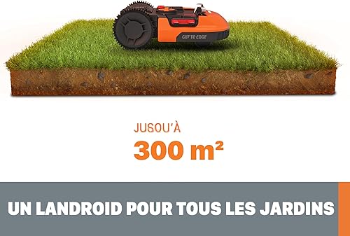 WORX Landroid WR169E - Robot tagliaerba con cavo limitatore per giardini fino a 300 m² - navigazione AIA - controllo app, Wi-Fi, Bluetooth - Cut-to-Edge - larghezza di taglio 16 cm - altezza di taglio - Honorern