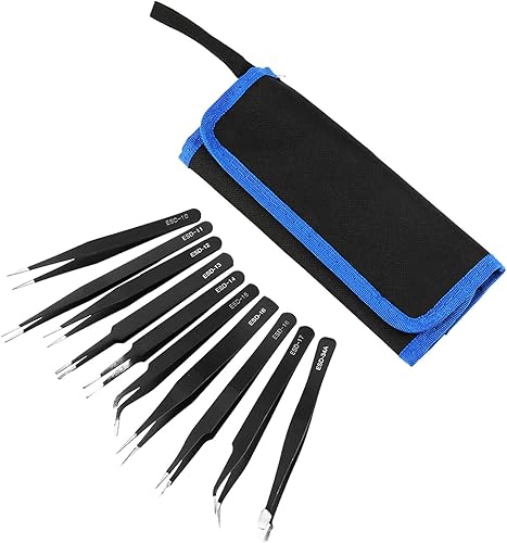 Set di pinzette di precisione, antistatiche in acciaio inox, pinzette per modellismo, pinzette per riparazioni elettroniche, gioielli di precisione (nero + argento) - Honorern