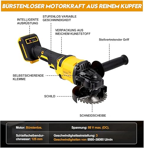 Smerigliatrice angolare a batteria, professionale, 21 V, set elettrico con 2 batterie da 5 Ah, diametro disco 125 mm, 30,000 giri/min, motore senza spazzole, 3 velocità, per separazione, levigatura e - Honorern