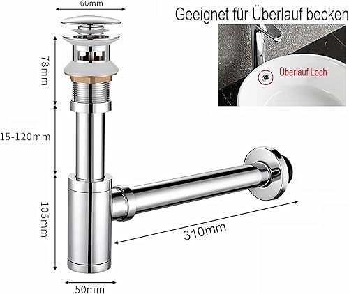 GOAMBUY Sifone universale per lavandino e lavabo, valvola di scarico pop-up, sifone antiodore, acciaio inossidabile, ottone, silicone, argento - Honorern