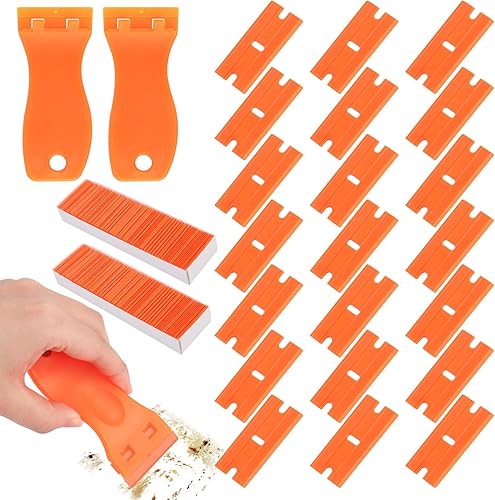 2 raschietti in plastica, spatola in plastica con 200 lame in plastica, spatola in plastica, raschietto in plastica per rimuovere residui di colla, solvente per etichette, rimozione di colla, adesivo - Honorern