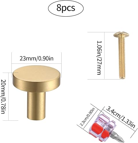 HAOCHEN 8 Pz Ottone Manopole per Mobili, Pomelli per Cassetti, Pomelli a Foro Singolo, Maniglia Tonda, Pomolo per Porte Armadi, Credenze, con Viti e un Cacciavite - 20 * 23 mm/Oro - Honorern