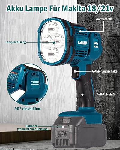 Lampada a batteria per Makita 18/21v, 3 modalità di faretto a led Lampada portatile per cantiere, testa luminosa orientabile, per campeggio, riparazione auto, emergenza, senza batteria e caricabatteri - Honorern
