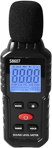 Misuratore di Decibel, Fonometro Digitale da 30dB a 130dB Max Decibel di Rumore di Mantenimento Dati Misuratore SPL Portatile con Display LCD Retroilluminazione A/C Ponderato per Fabbriche Domestiche - Honorern
