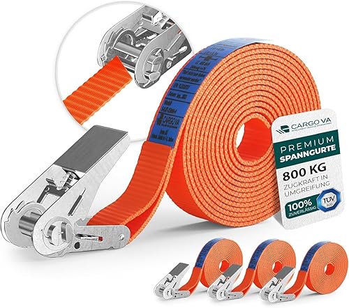 Cinghia di tensione CargoVA® con cricchetto e gancio, set da 4, 25 mm x 6 m di lunghezza, carico di rottura 800 kg, cinghia con cricchetto arancione - Honorern